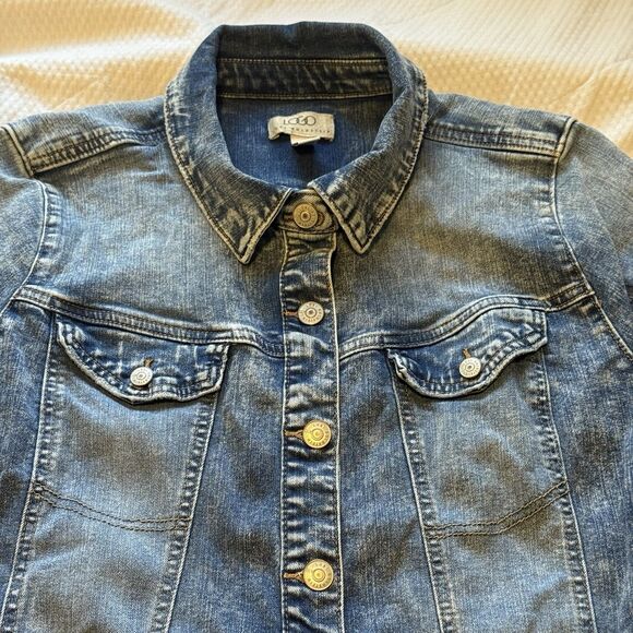 LOGO by Lori Goldstein Denim Shirt Jacket Women’s Size 16 Blue Frayed Hem Button - Picture 6 of 13